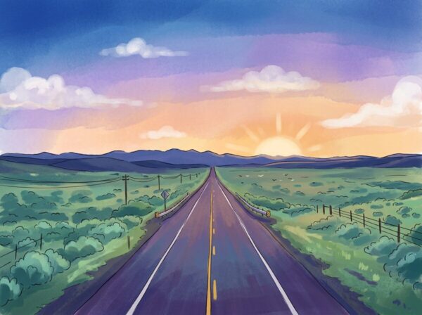 Empty highway leading to mountains with a colorful sunset sky